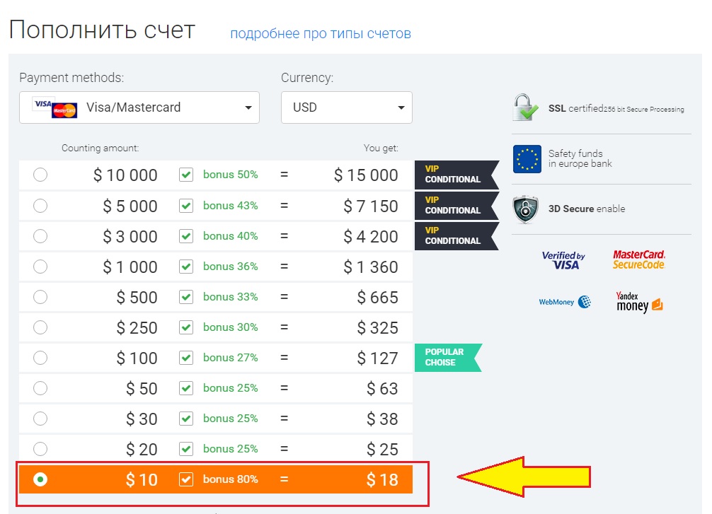 депозит в IQ option бонус