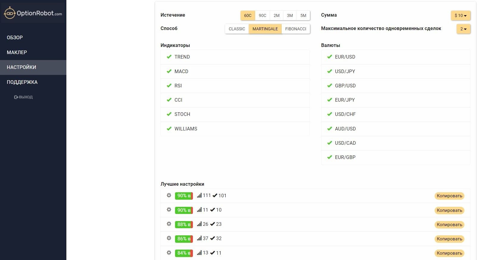 OptionRobot Binary Robot Settings