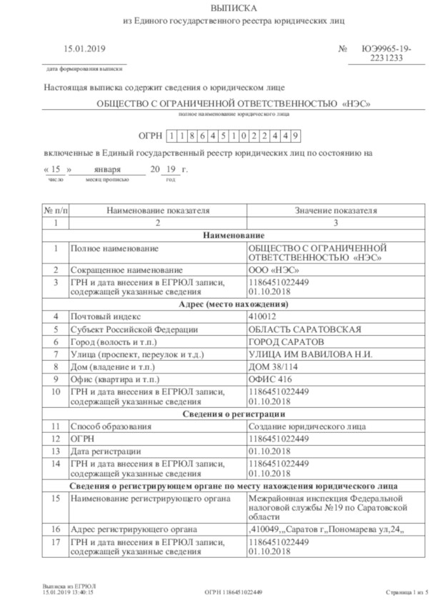 NES extract from the Unified State Register of Legal Entities