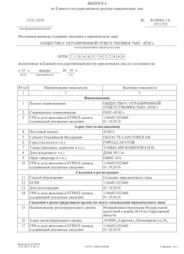 NES extract from the Unified State Register of Legal Entities