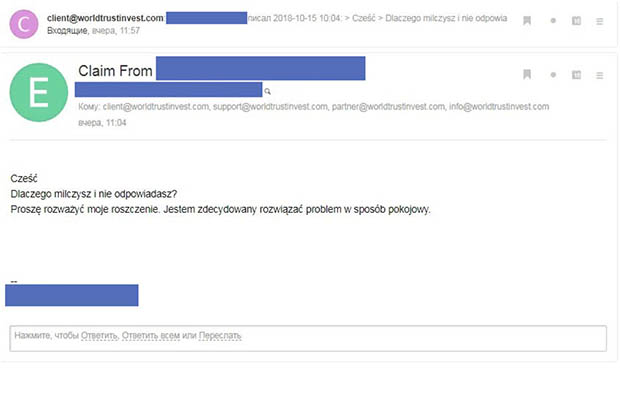 World Trust Invest письмо в службу поддержки на чешском языке